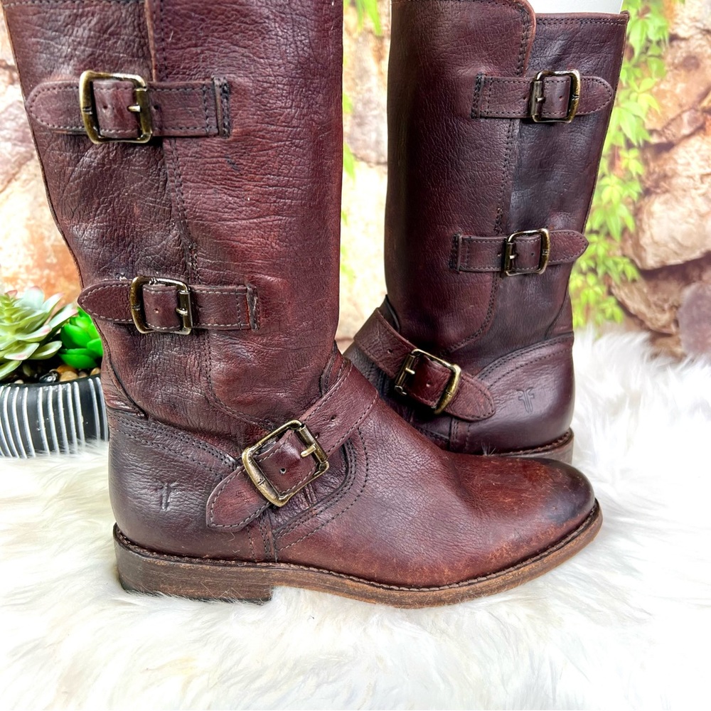 FRYE Brown Jaden Cuff Classic Heritage Buckle Leather Moto Boots, 6.5B - Picture 9 of 14